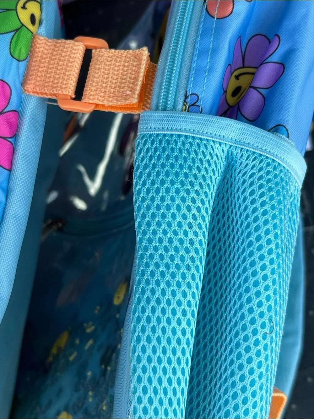 Kids Light Blue Backpack with Rainbow Smiley Flower